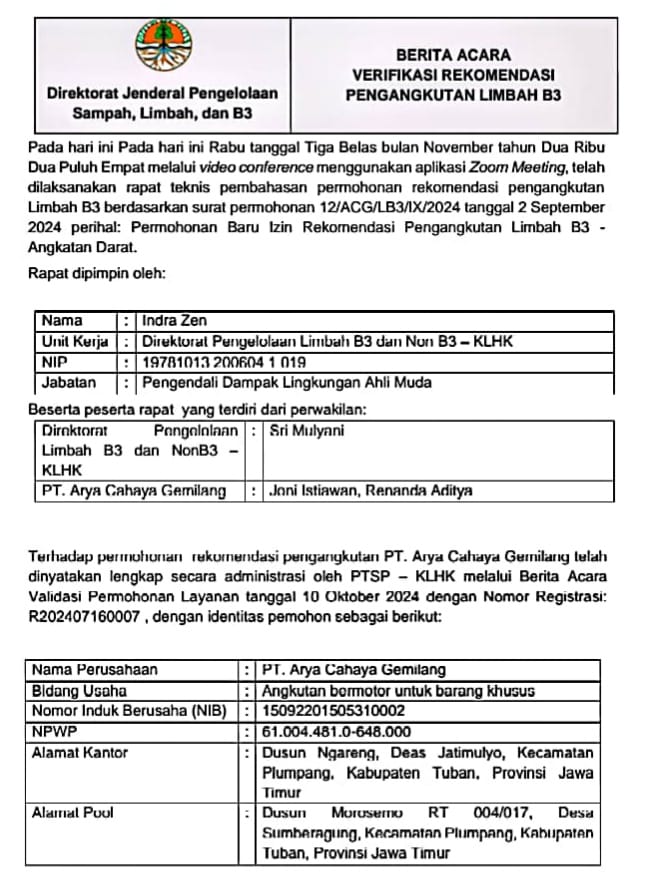 Berita Acara Verifikasi Rekomendasi Pengangkutan Limbah B3