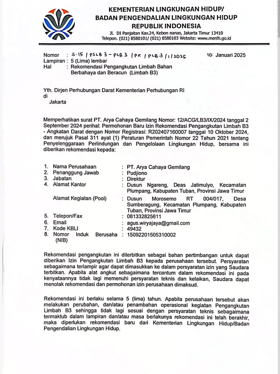 Surat Rekomendasi KLHK Pengangkutan Limbah B3