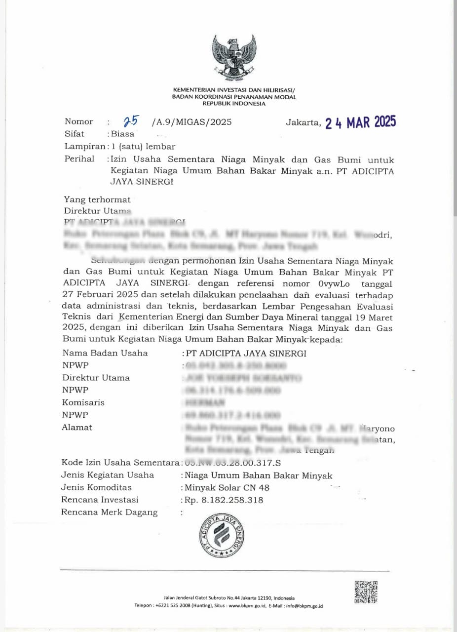 Izin Niaga Bahan Bakar — PT Adicipta Jaya Sinergi